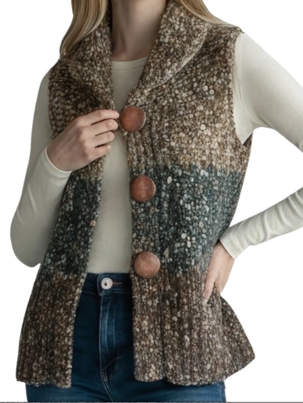 Vintage Chunky Boucle Knit Sweater Vest Big
Buttons Fall Earthtones Medium